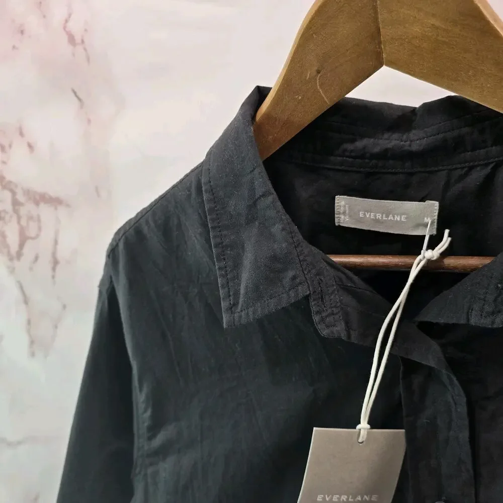 Everlane Shirt Womens Black Button Up The Silky Cotton Way Short Crop NEW